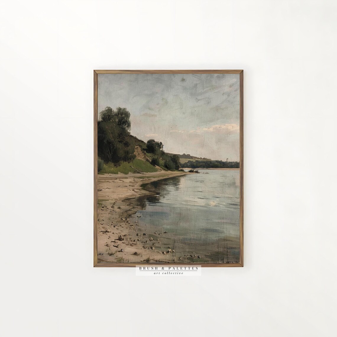 Serene Riverbank Sandy Shore Trees Calm Water Painting Poster - Image 2