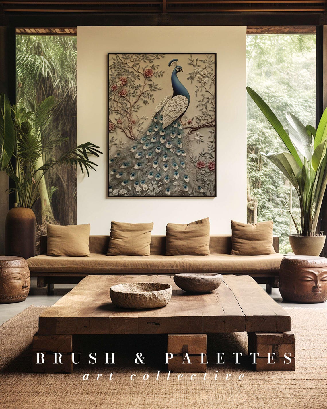 Peacock Relief Art Embossed Floral Ivory Bird Sculpted Painting Poster - Image 2