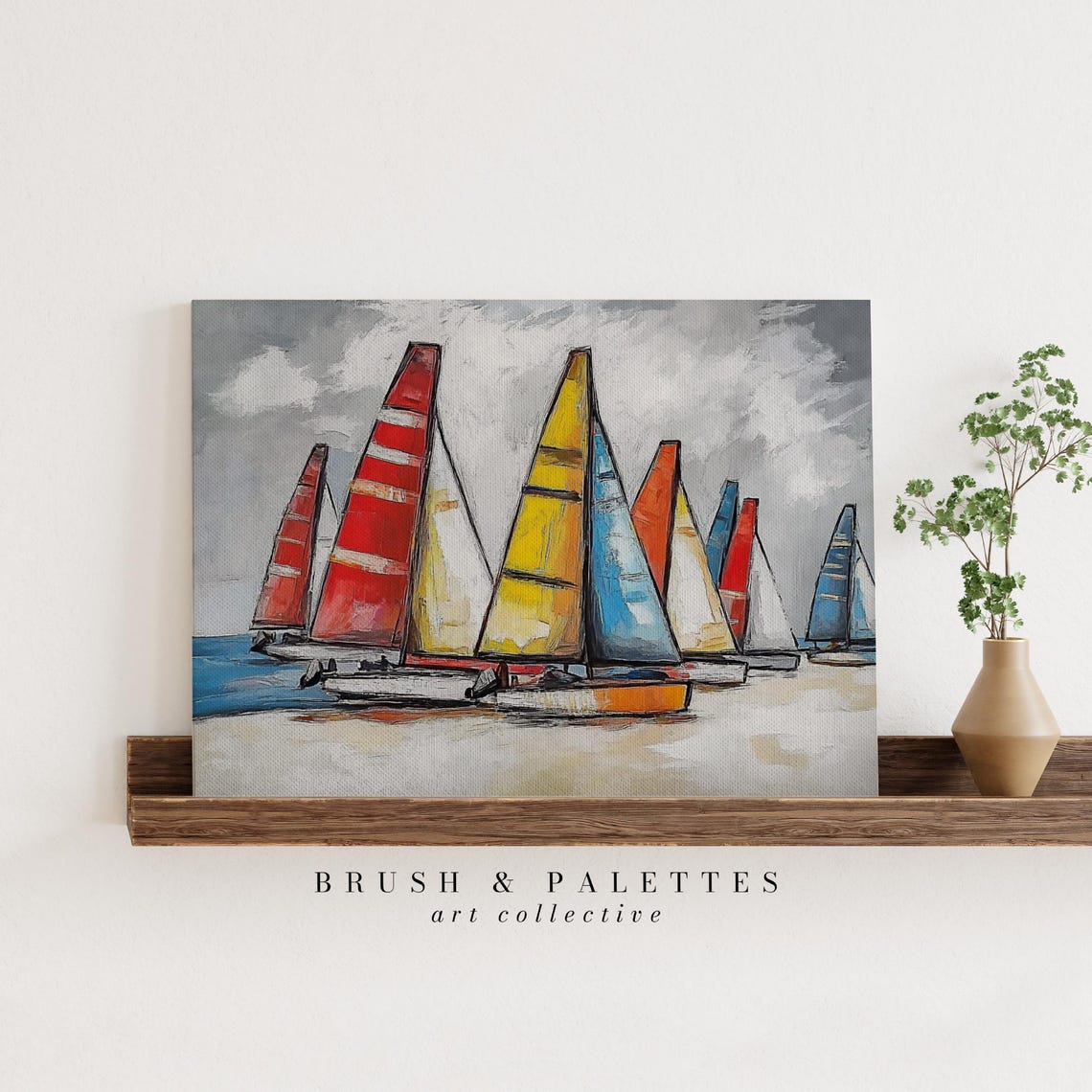 Colorful Catamarans Red Yellow Sails Beach Impressionist Poster - Image 3