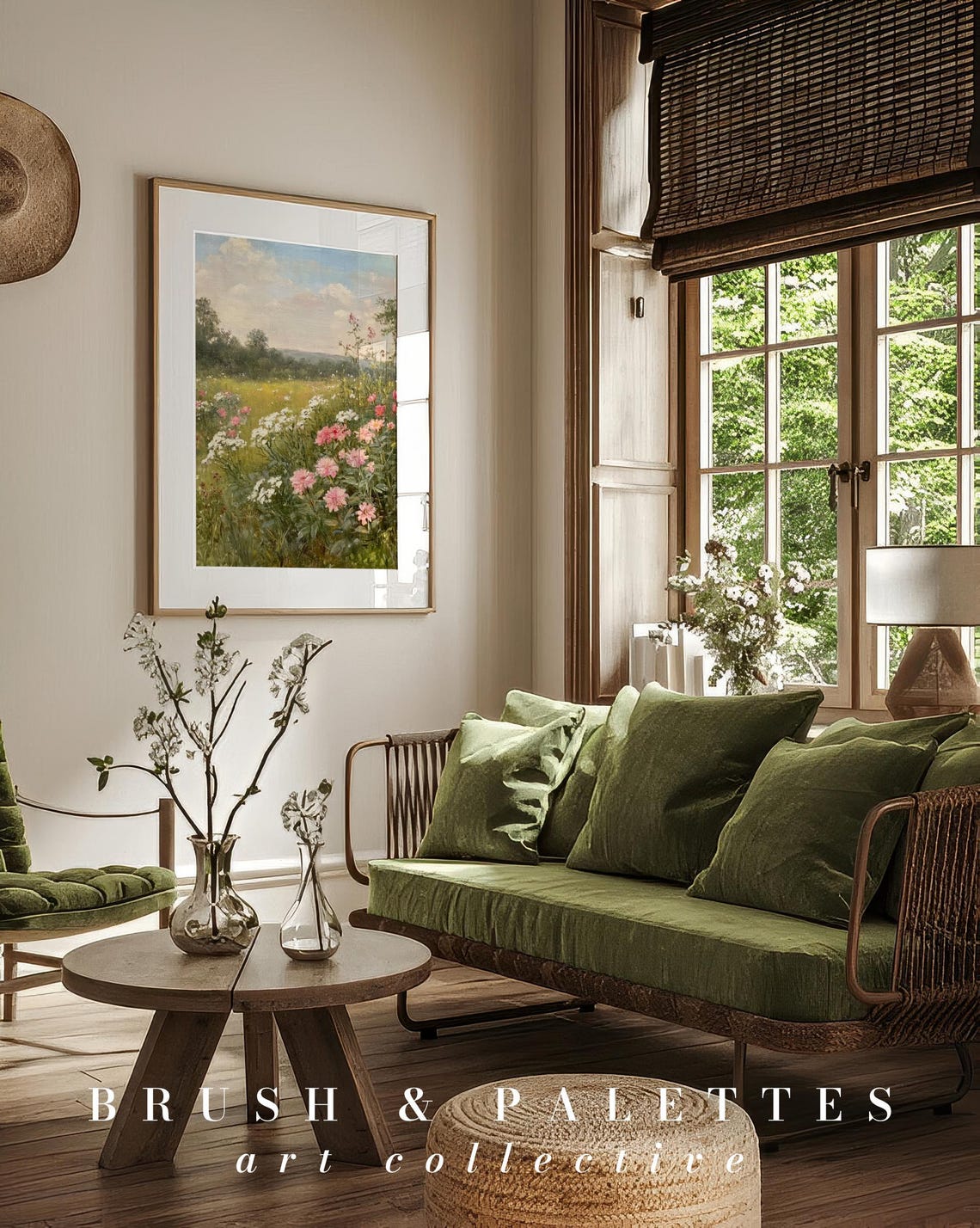 Pink Dahlias In Summer Meadow Print Floral Landscape Oil Painting Romantic Country Art For Farmhouse Cottage Homes - Image 3