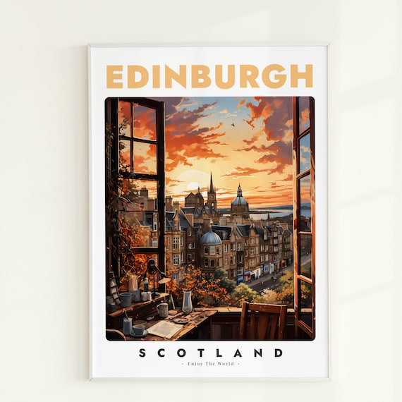 Edinburgh Scotland Sunset Window Vintage Travel Decor Poster
