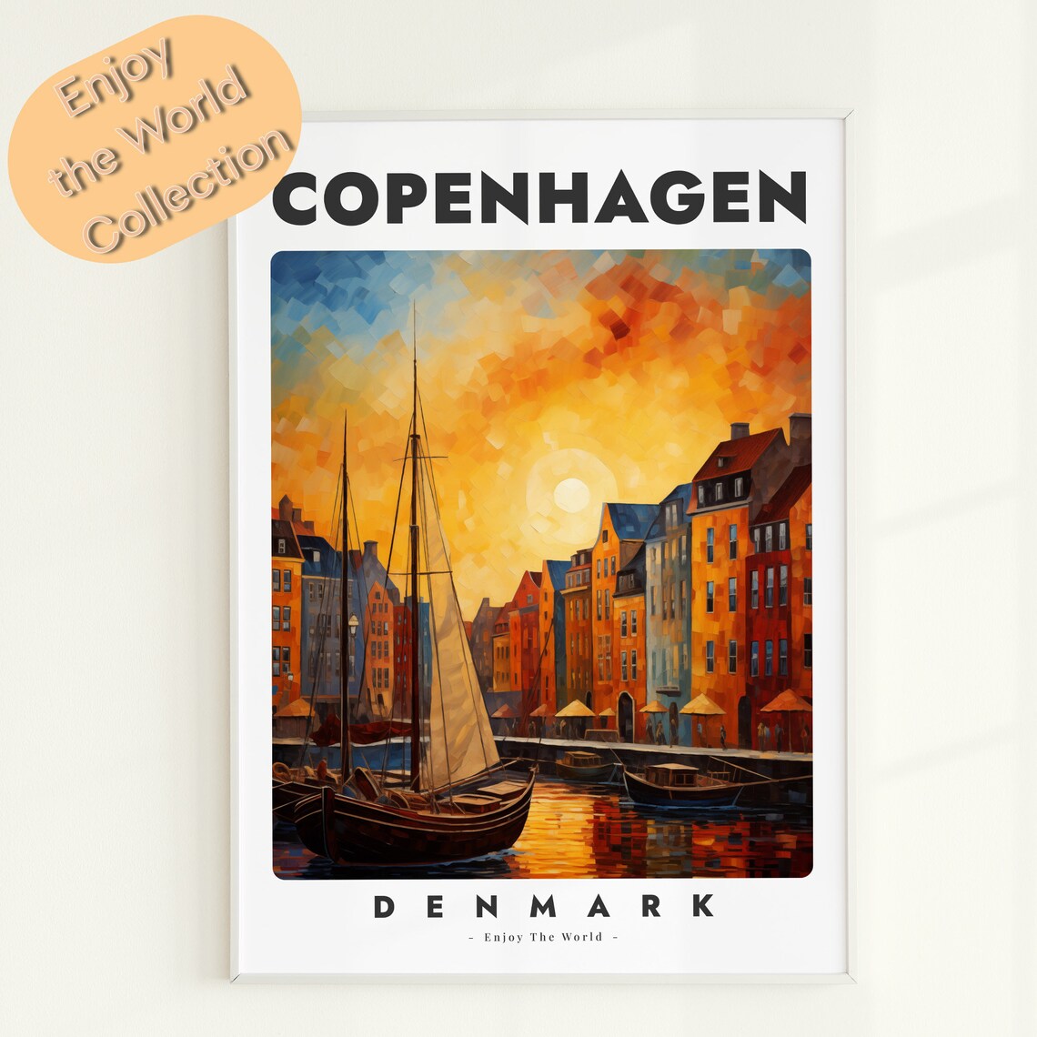 Copenhagen Denmark Sunset Harbor Sailboat Mosaic Travel Poster