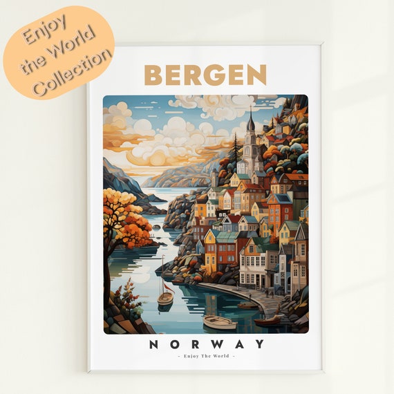Bergen Norway Travel Poster Coastal City Art Print