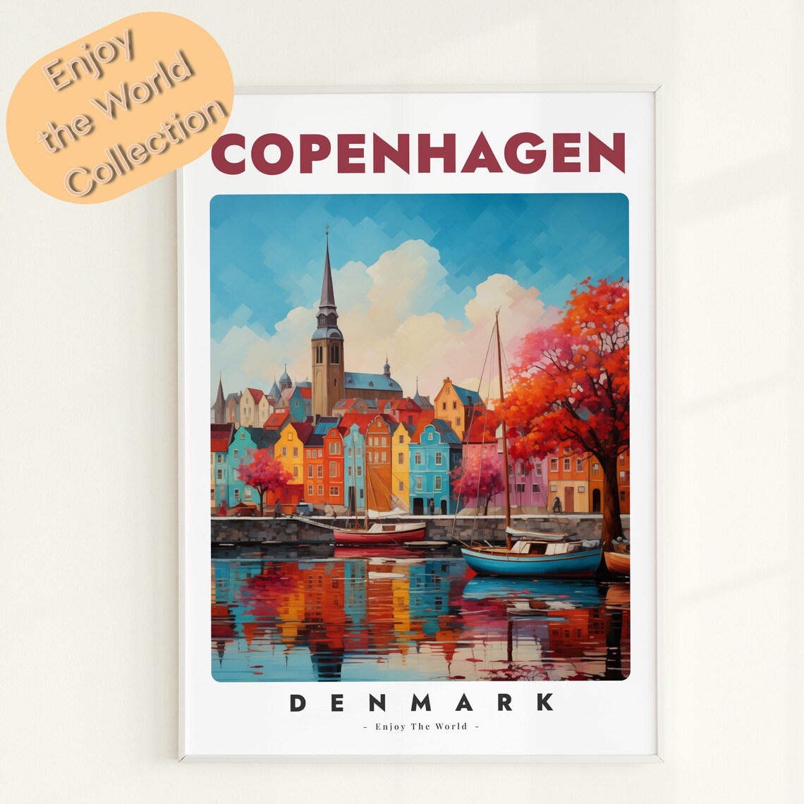 Copenhagen Denmark Travel Poster, Colorful Cityscape