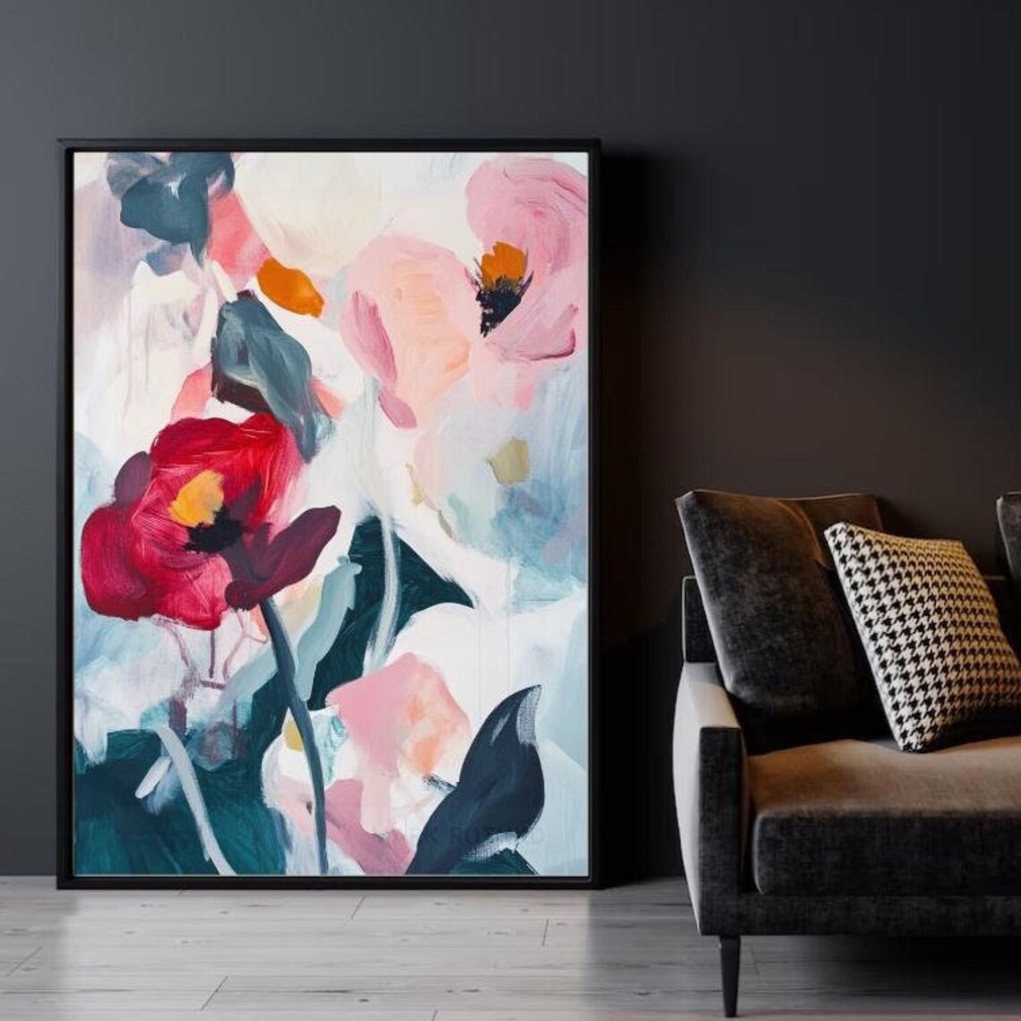 Abstract Poppy Flowers Red Pink Modern Floral Painting Poster