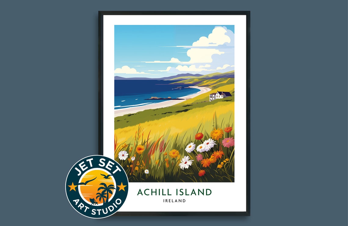 Achill Island Ireland Retro Beach Wildflower Coast Travel Poster