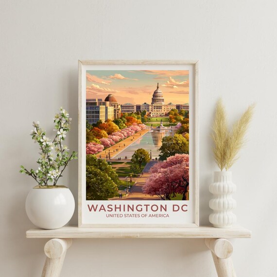 Washington DC Capitol Cherry Blossom Spring Travel Poster Scene