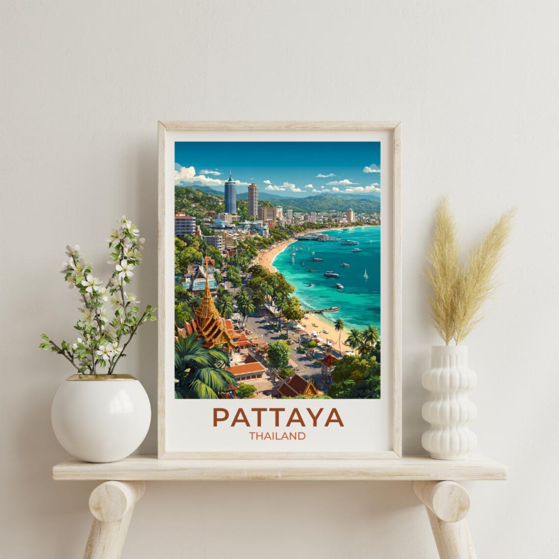Pattaya Thailand Vintage Travel Poster Sunny Tropical Beach Bay City View