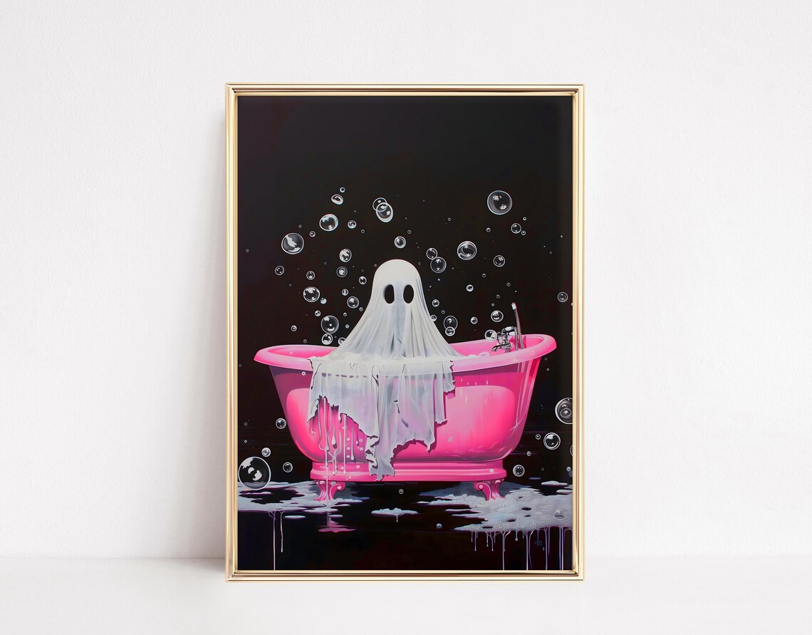 Cute Ghost In Pink Tub, Halloween Bathroom Art