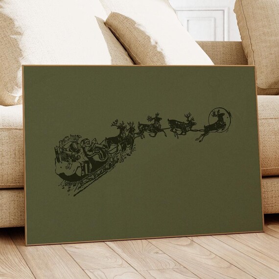Dark Green Christmas Print Santa Sleigh Reindeer Sketch Moody Christmas Wall Art Horizontal Print Minimalist Print