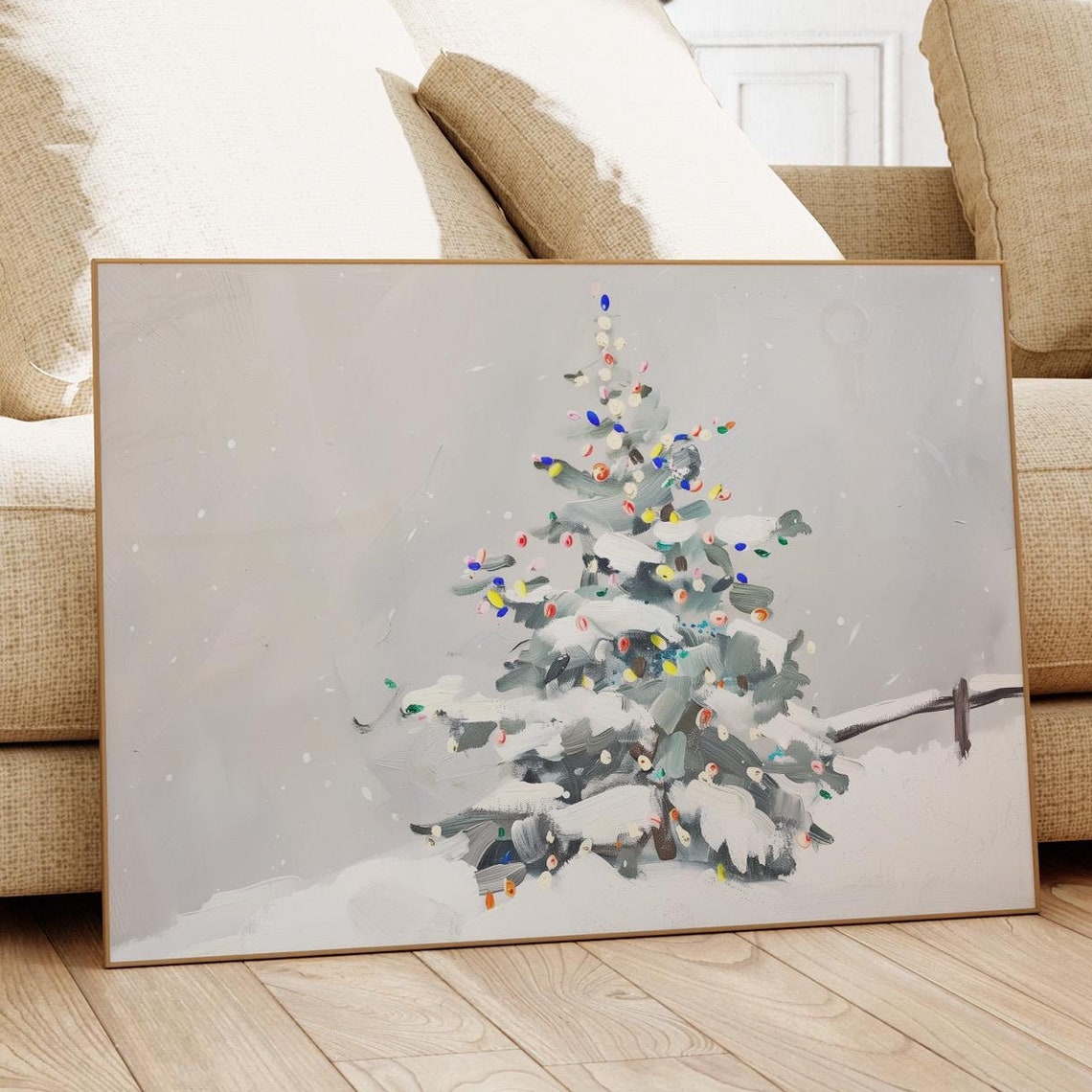 Snowy Christmas Tree Colorful Lights Minimalist Modern Holiday Poster