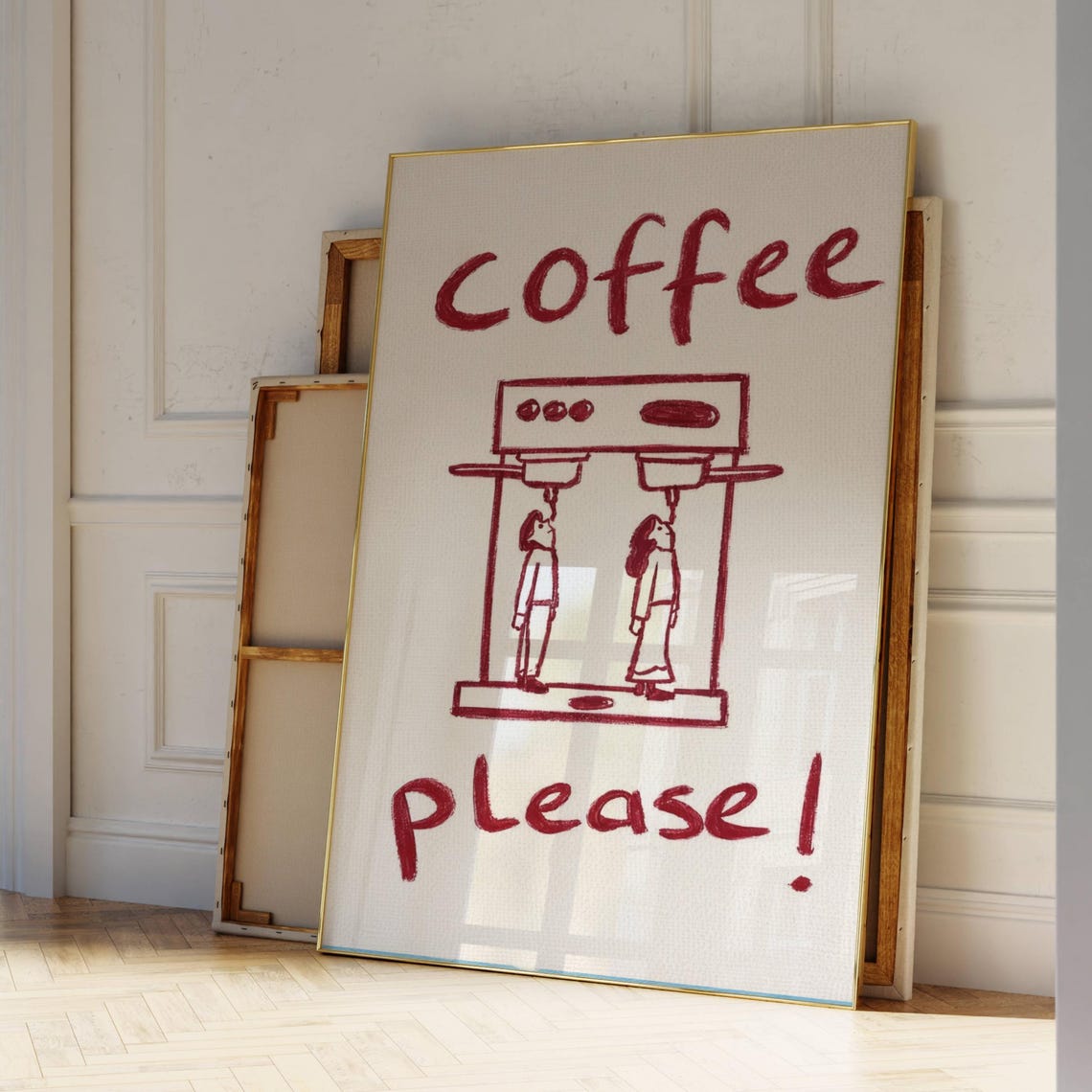 Coffee Please Hand Drawn Espresso Machine Retro Kitchen Art Poster
