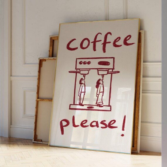 Coffee Please Hand Drawn Espresso Machine Retro Kitchen Art Poster