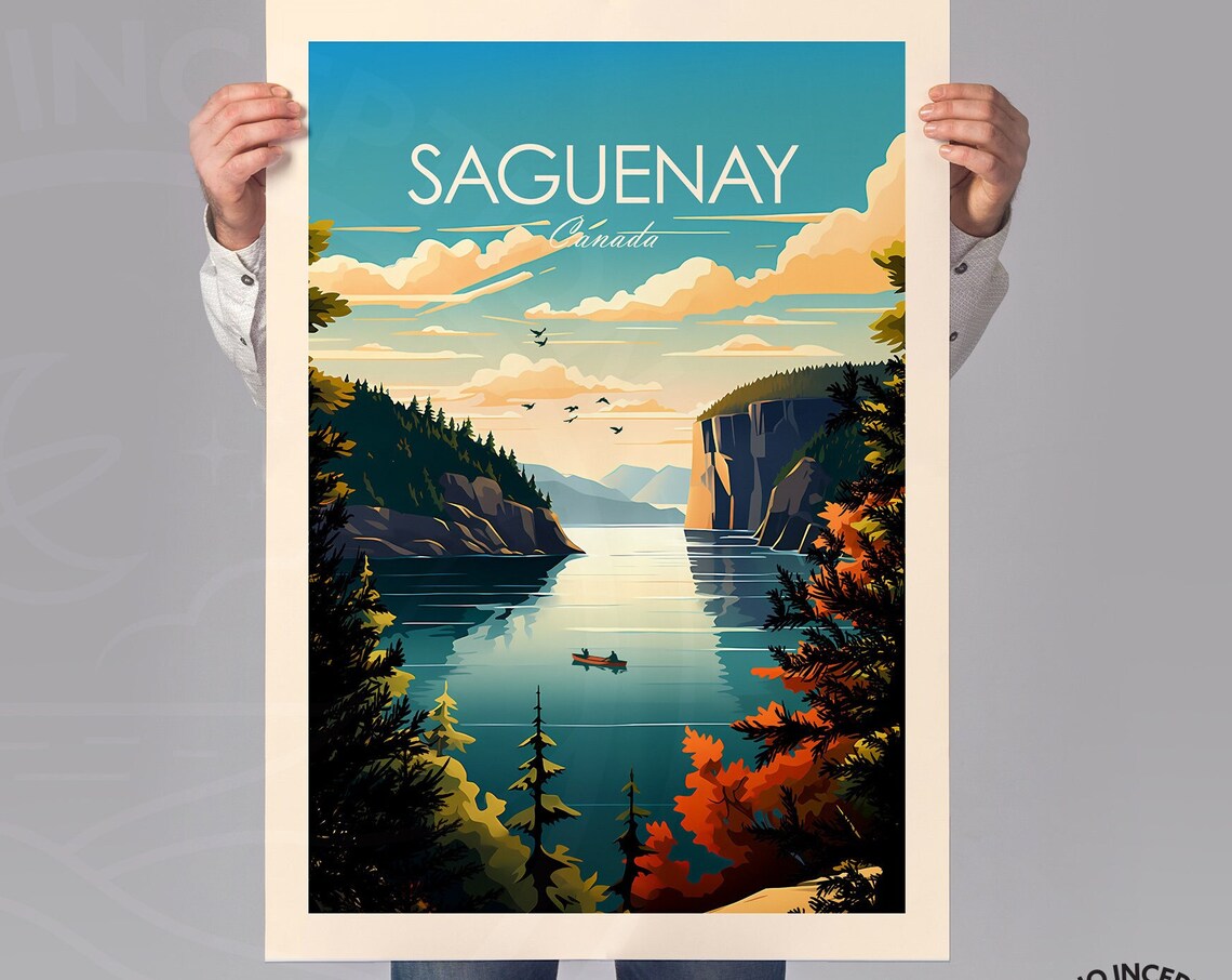 Saguenay Fjord Canada Canoe Cliff Autumn Wilderness Travel Poster - Image 2