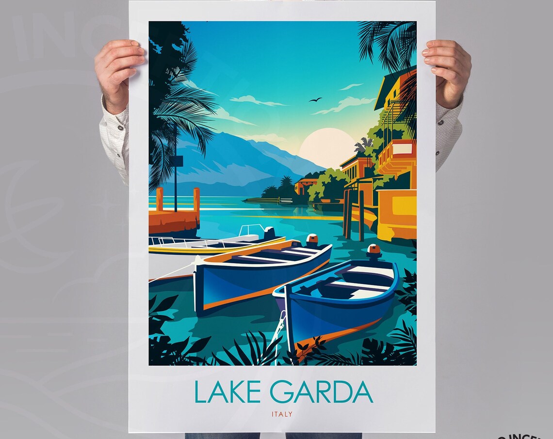 Lake Garda Italy Harbor Boats Mountains Vintage Travel Poster - Image 2