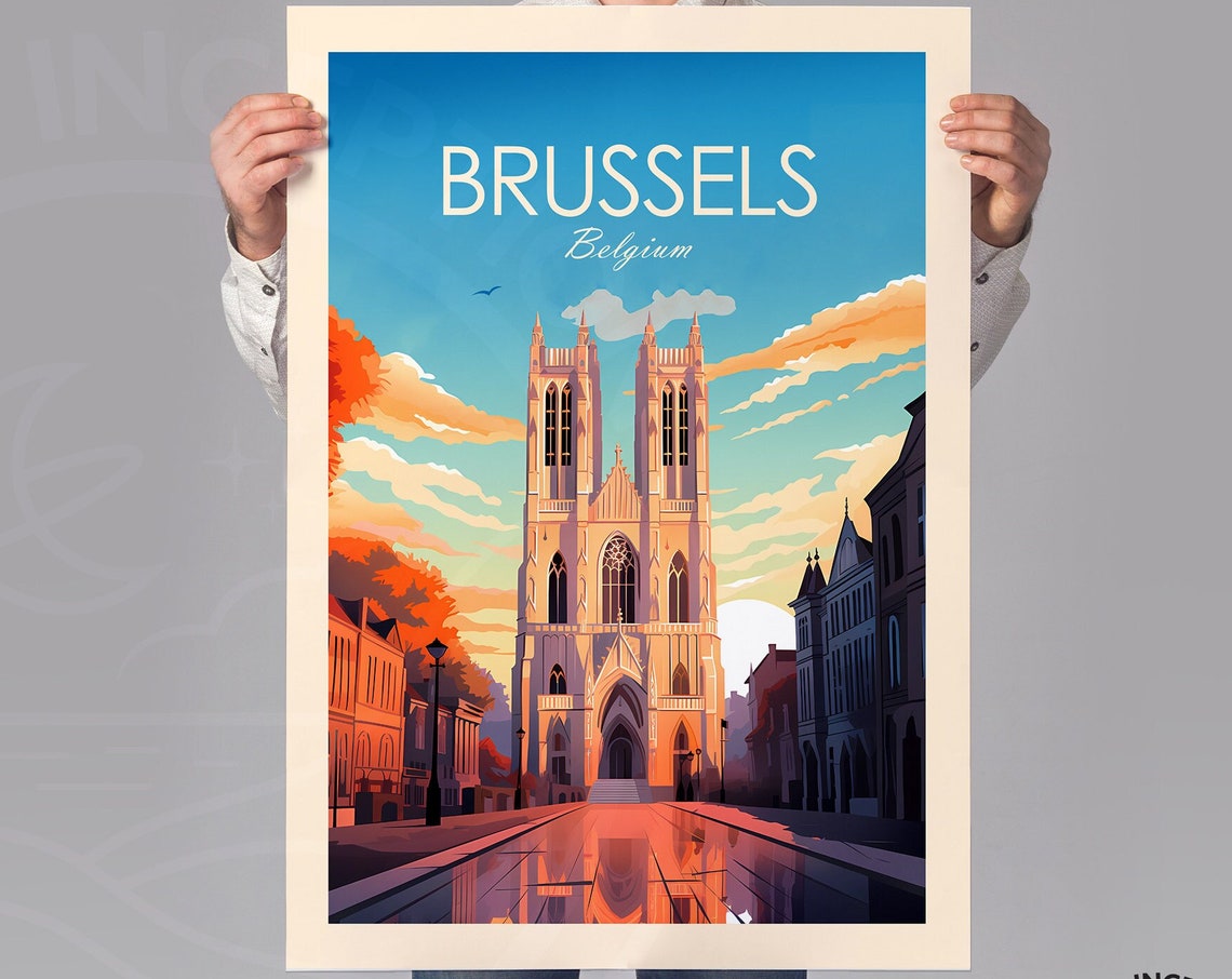 Brussels Cathedral Sunset Gothic Architecture Belgium Travel Poster - Image 3