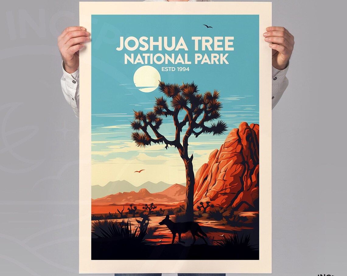 Joshua Tree National Park Est 1994 Desert Moon Coyote Travel Poster - Image 3