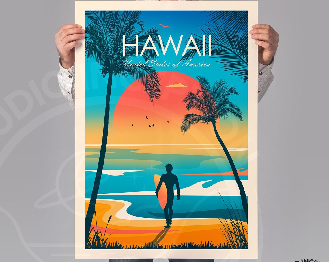Hawaii Travel Print, Waikiki Surfing Poster - Image 2