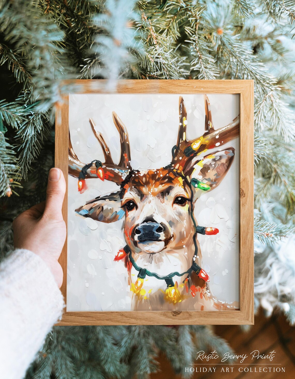 Deer Portrait with Christmas Lights on Antlers Holiday Animal Poster