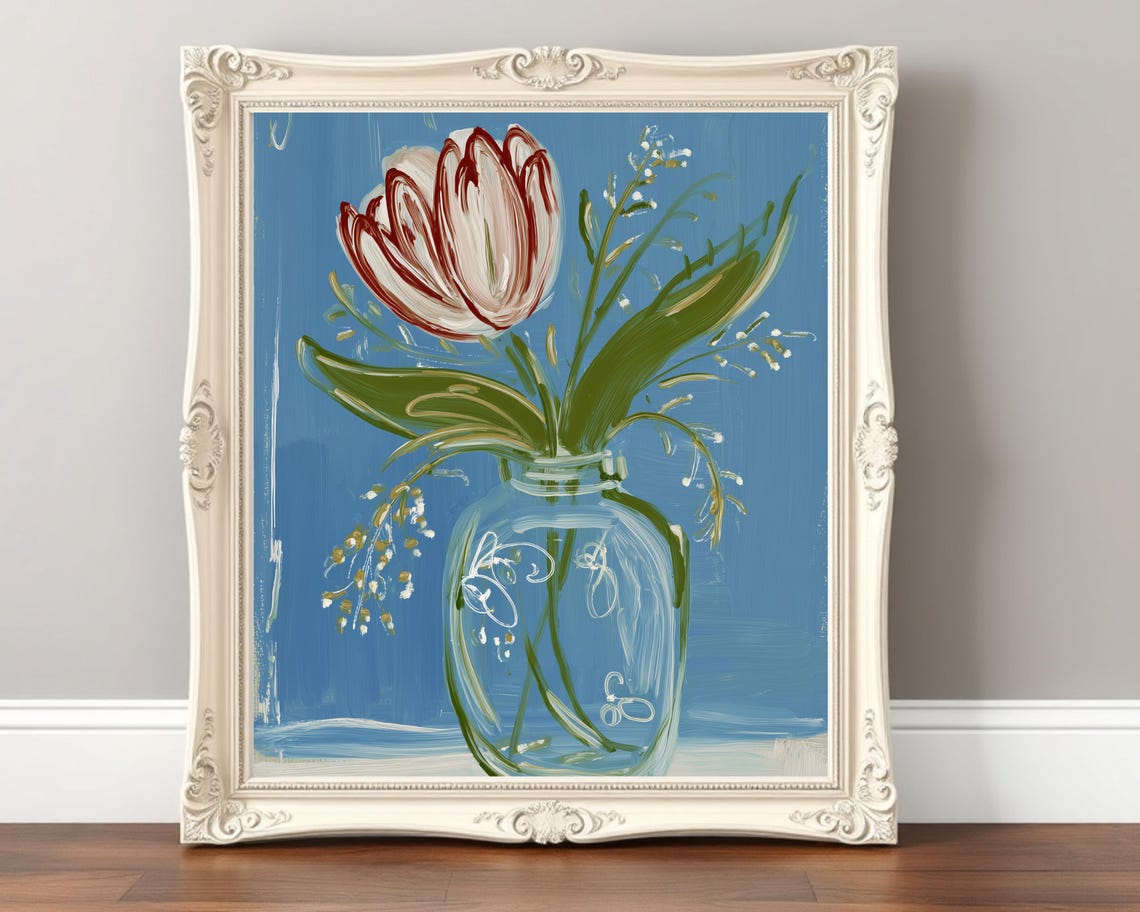Red and White Tulip in Glass Vase Blue Folk Art Floral Painting Poster