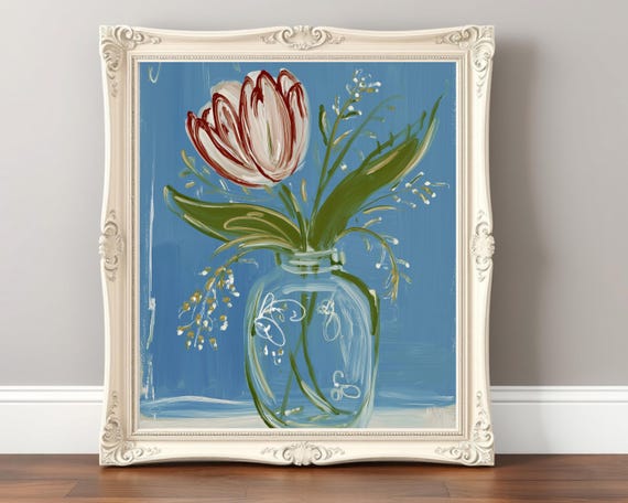 Abstract Tulip In Vase Painting Folk Art Flower Farmhouse Decor Vintage Still Life Acrylic Floral