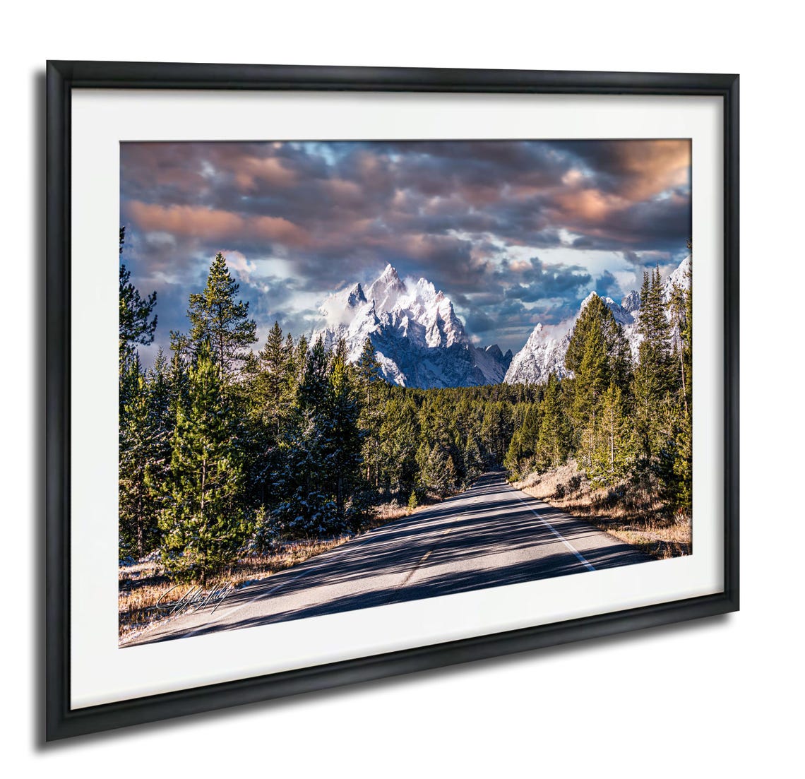 Grand Teton Snowy Peak Road Through Pine Forest Nature Poster