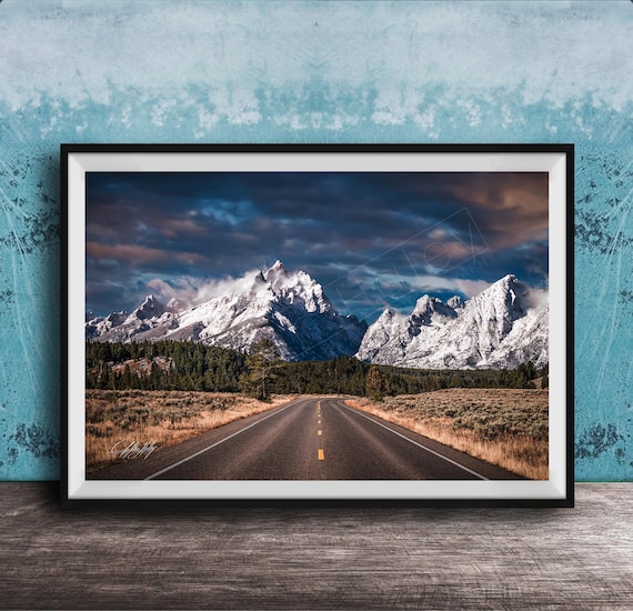 Grand Teton Mountain Road Snowy Peaks Dramatic Clouds Photo Poster