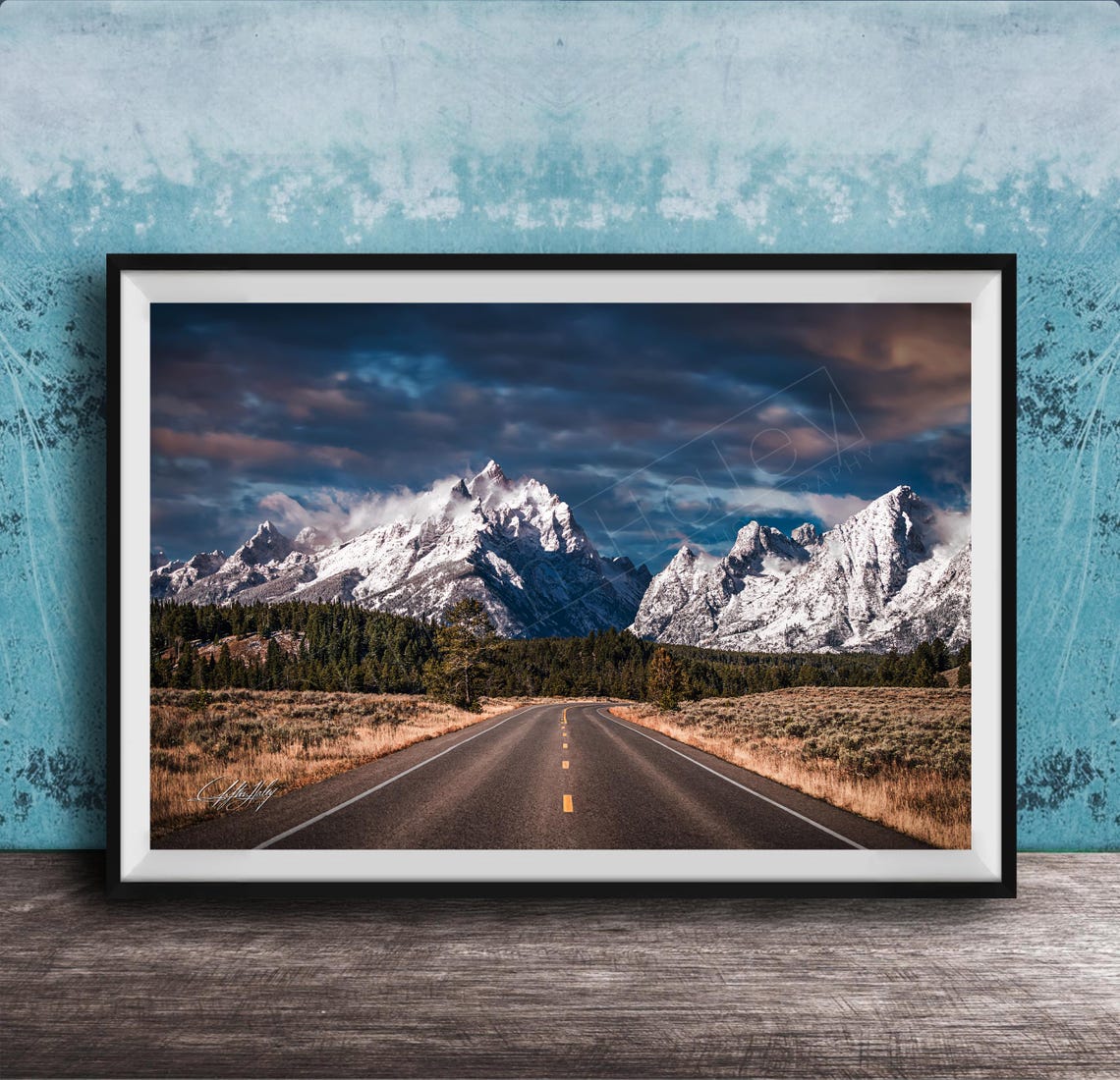 Grand Teton Mountain Road Snowy Peaks Dramatic Clouds Photo Poster