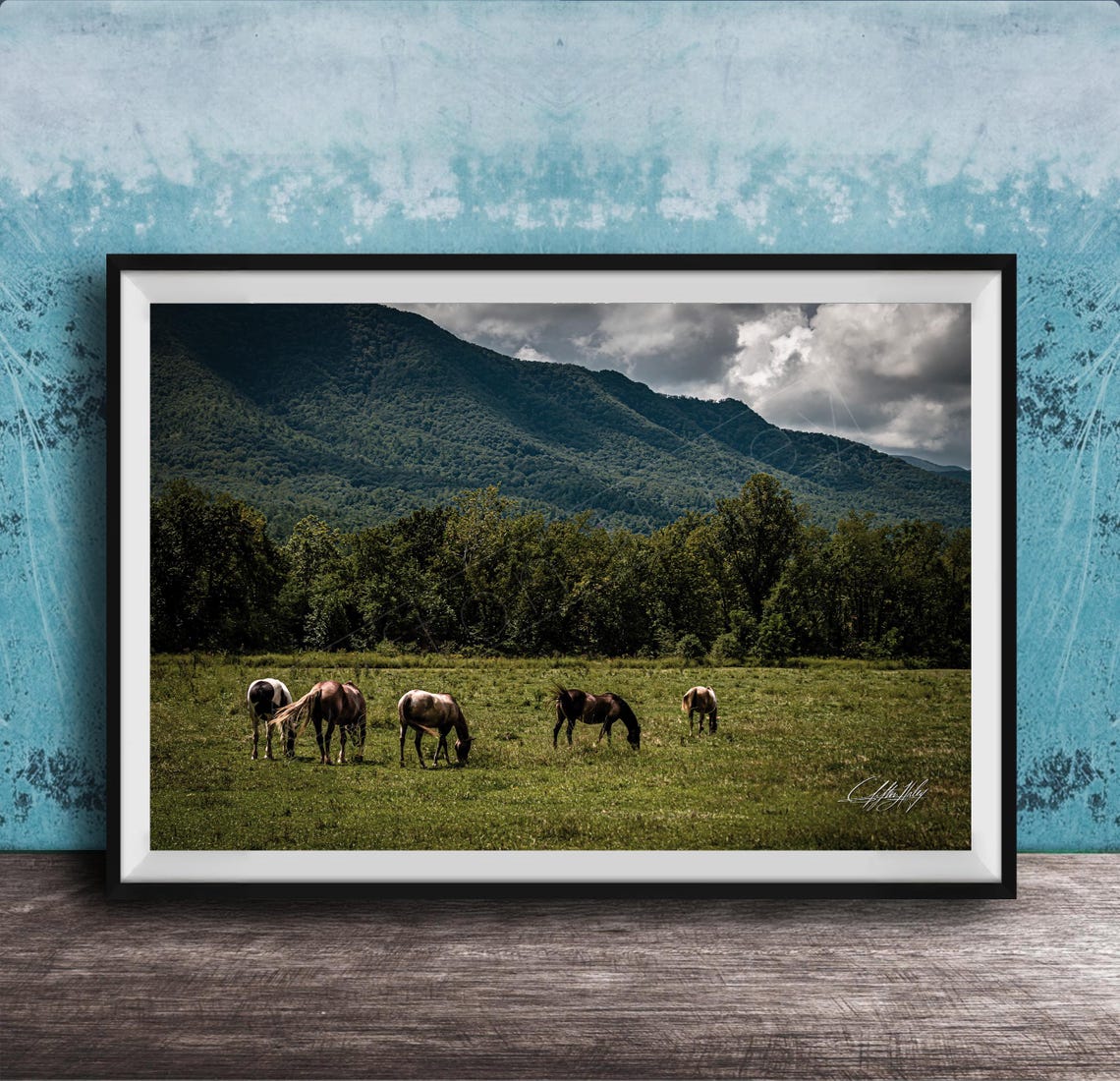 Wild Horses Grazing Green Mountain Valley Landscape Scene Poster