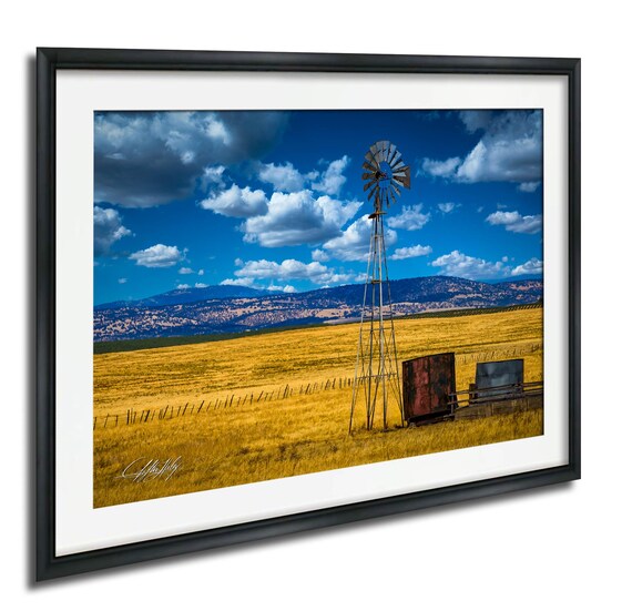 Vintage Windmill Golden Wheat Field Mountain Vista Country Photo Poster