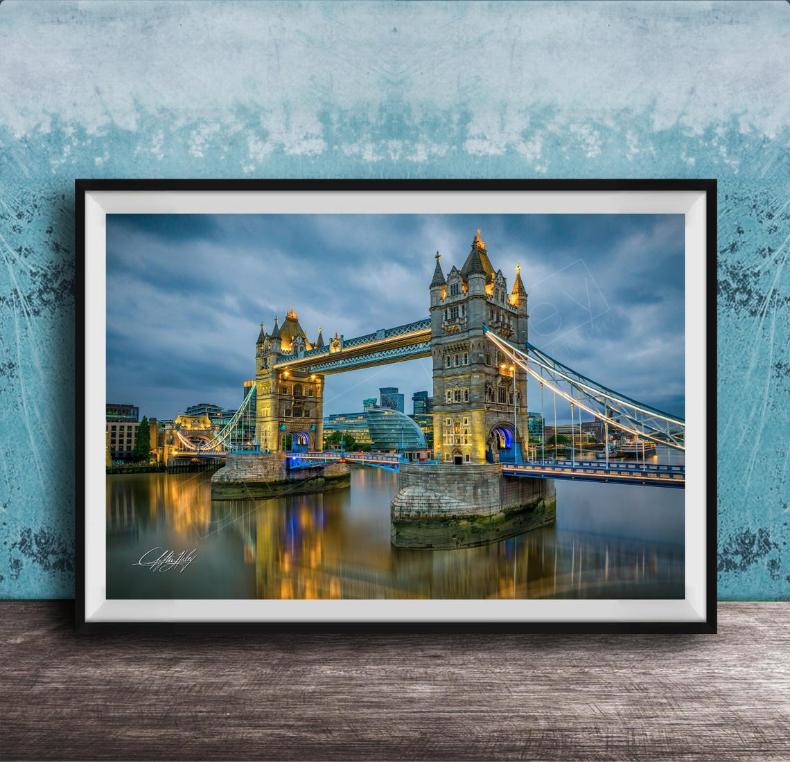 Tower Bridge London at Sunset Illuminated Night Skyline Poster