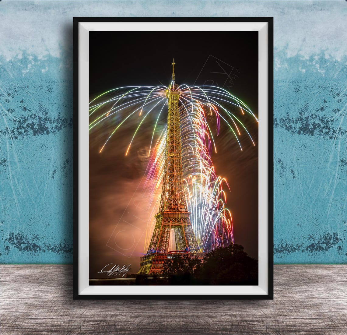 Eiffel Tower Bursting Fireworks Night Sky Celebration Photo Poster