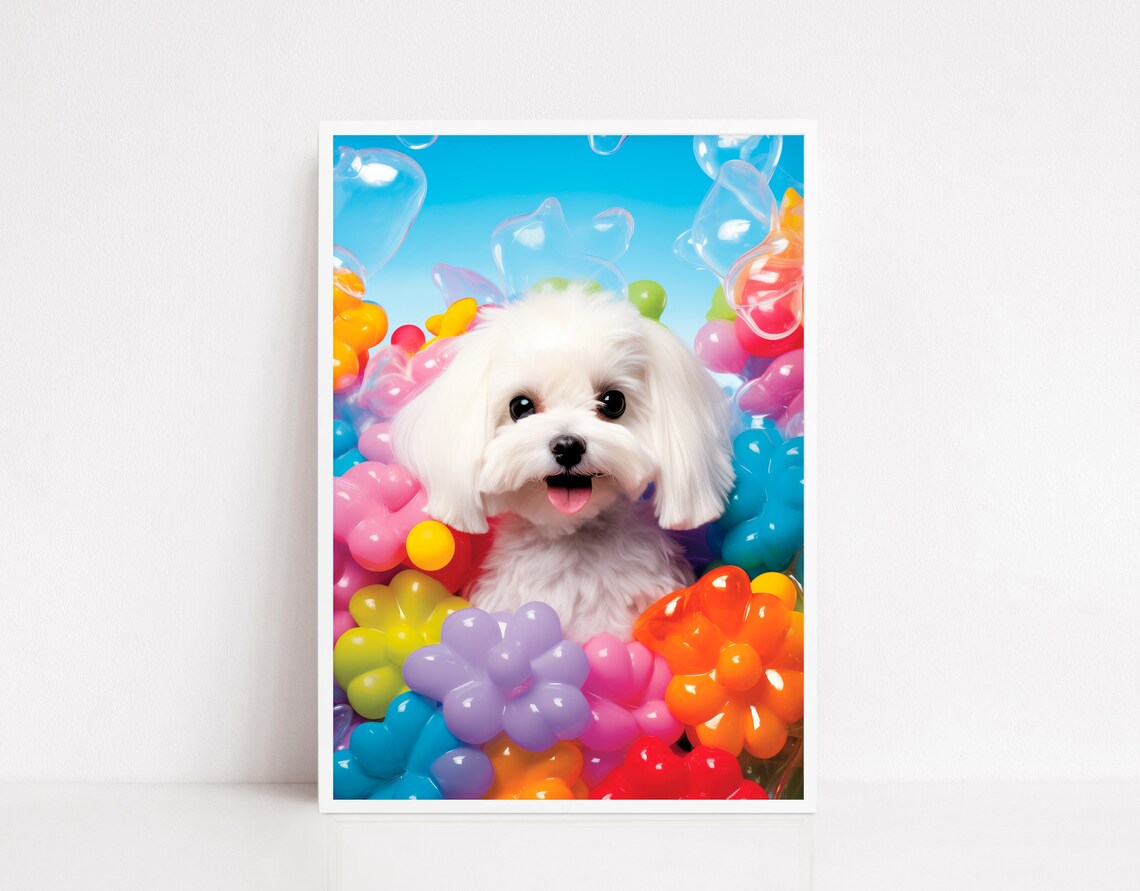 Maltese Dog With Colorful Flower Balloons Cute Photo Gift Poster