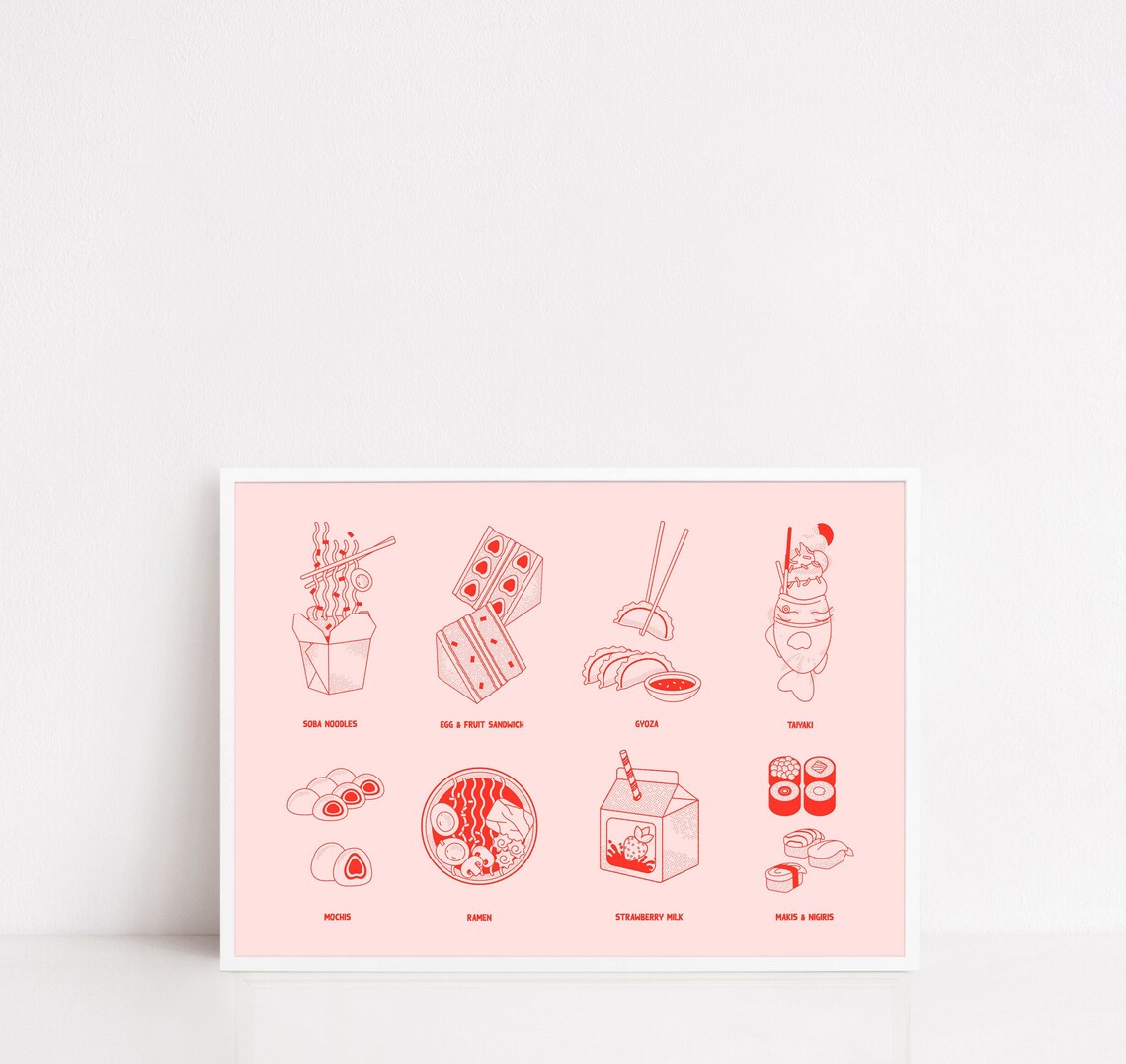 Japanese Food Ramen Sushi Gyoza Illustrated Pink Kitchen Poster