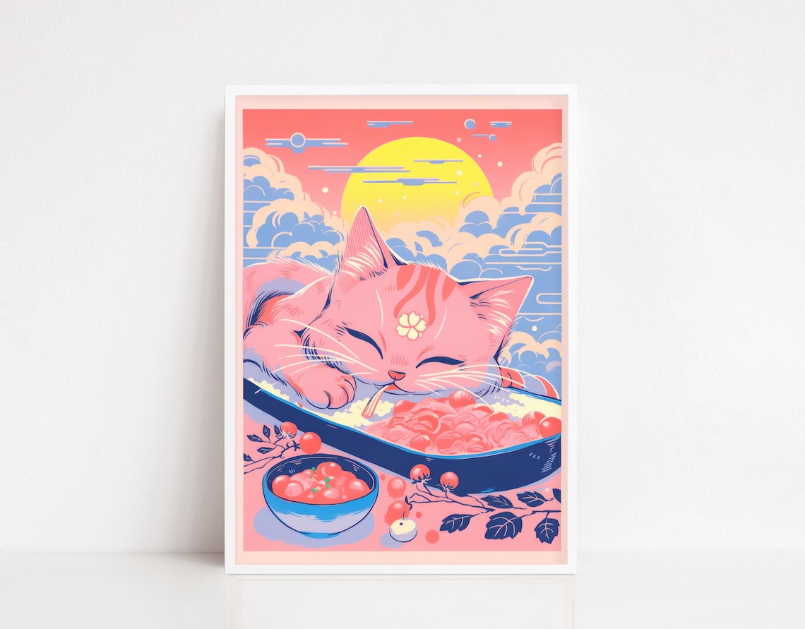 Cute Pink Cat Eating Ramen Sunset Japanese Anime Kawaii Art Poster