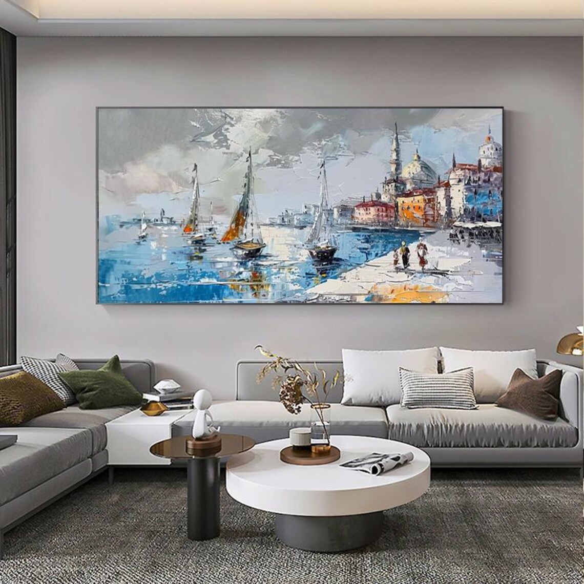 Sailboats In European Harbor Coastal Town Scene Painting Poster - Image 5