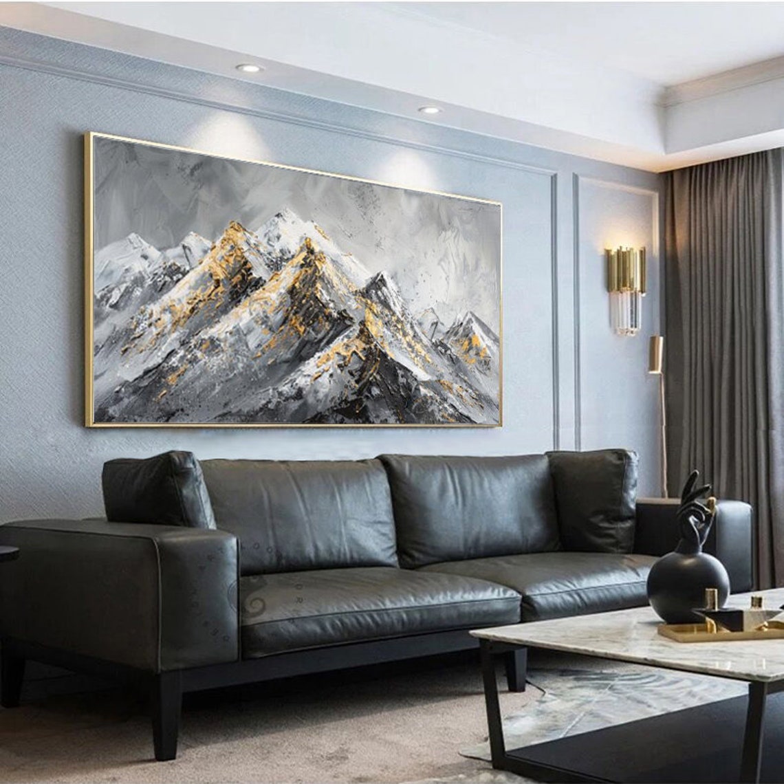 Grey Mountain Range With Gold Leaf Textured Landscape Painting Poster - Image 2