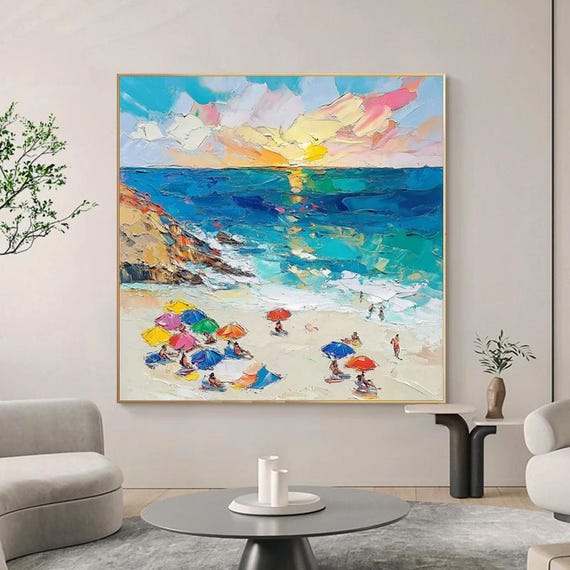 Hand Painted Abstract Thick Textured Oil Painting Sunrise Modern Minimalist Seascape Art For Living Room Entryway Dining Room