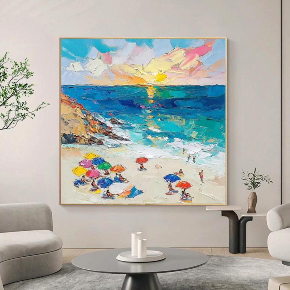 Colorful Beach Umbrellas at Sunset on a Turquoise Shore Square Poster