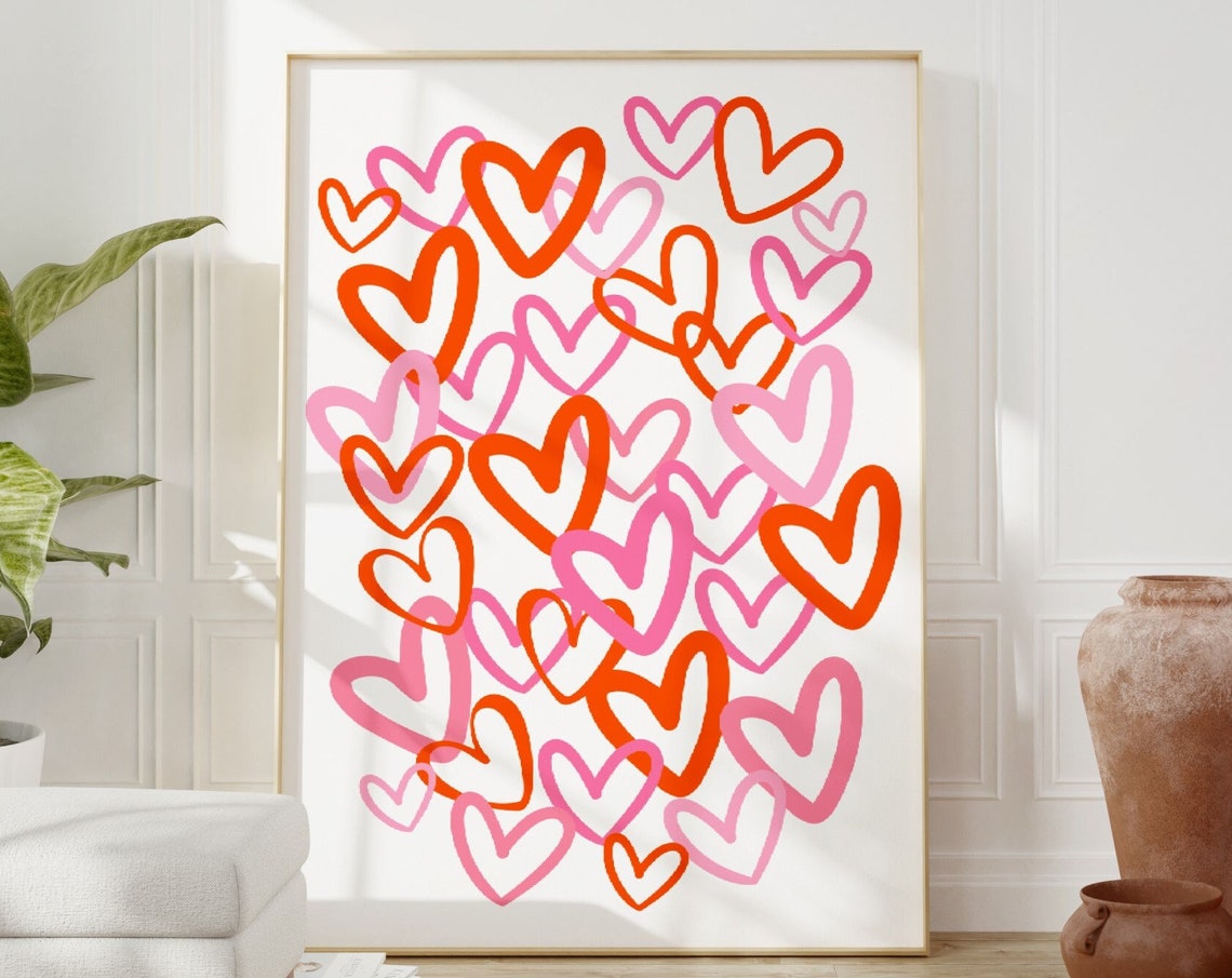 Pink Orange Graffiti Hearts Pattern Colorful Doodle Heart Poster