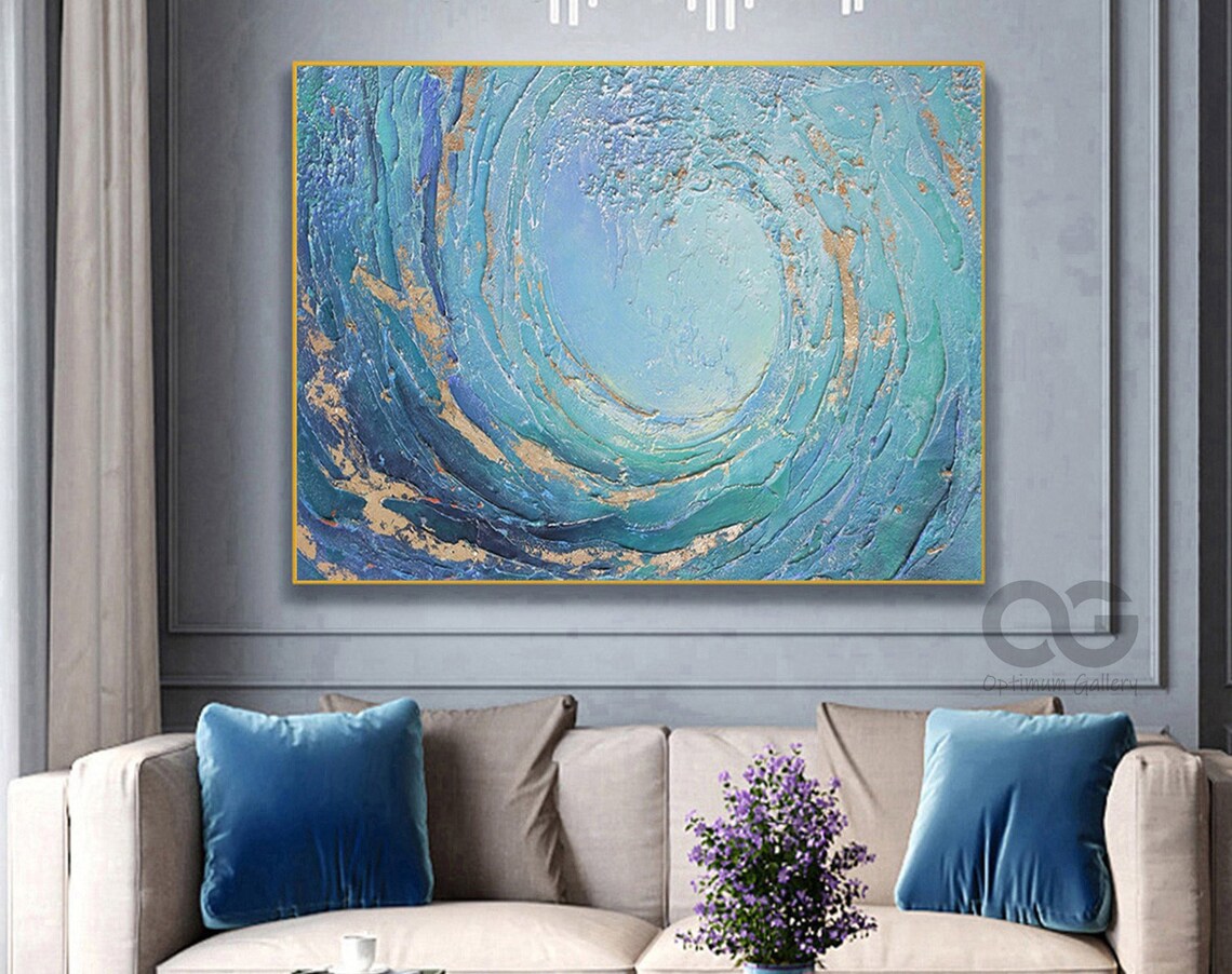 Blue Wave Abstract Ocean Art Print, Blue and Gold - Image 5