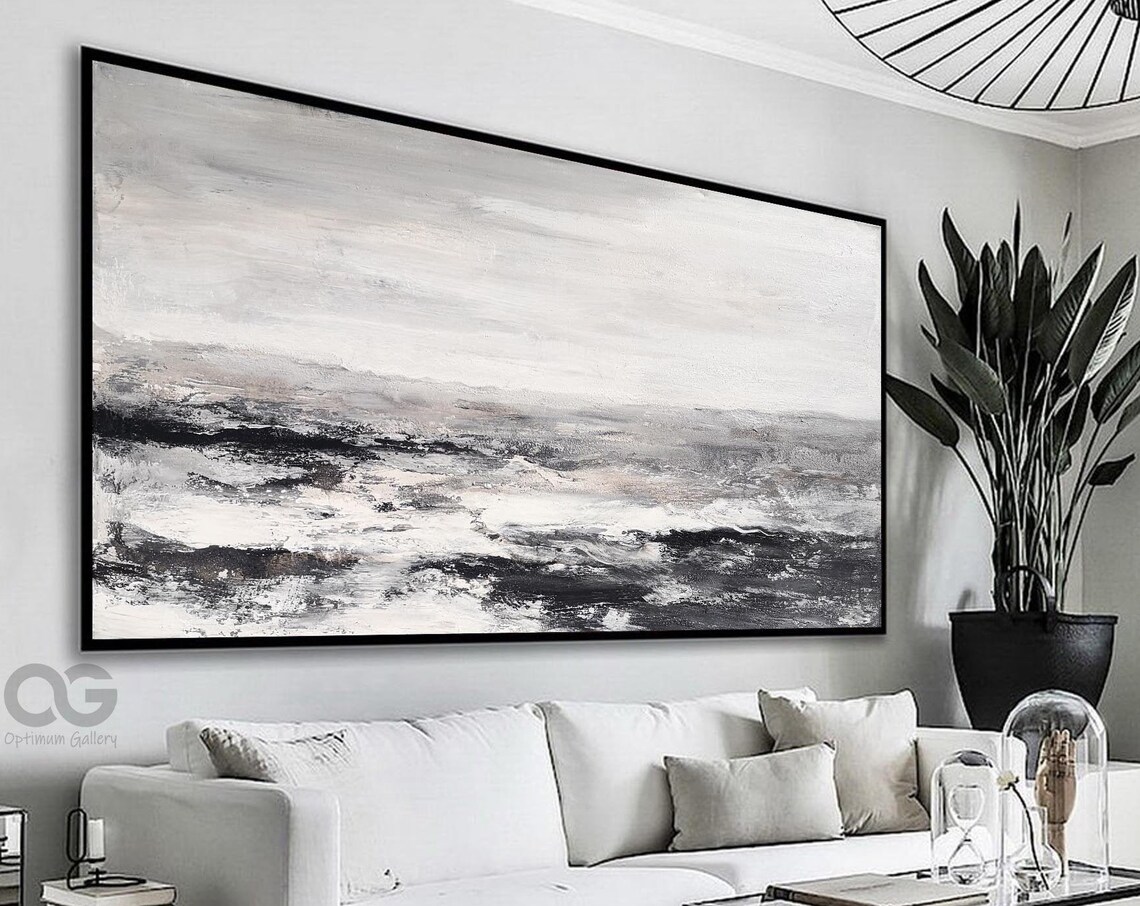 Black White Panoramic Abstract Seascape Textured Waves Monochrome Art Poster - Image 5