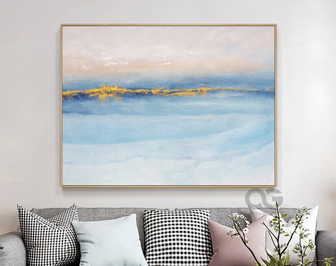 Light Blue Ocean Sunrise Abstract Seascape Gold Horizon Coastal Art Poster - Image 4