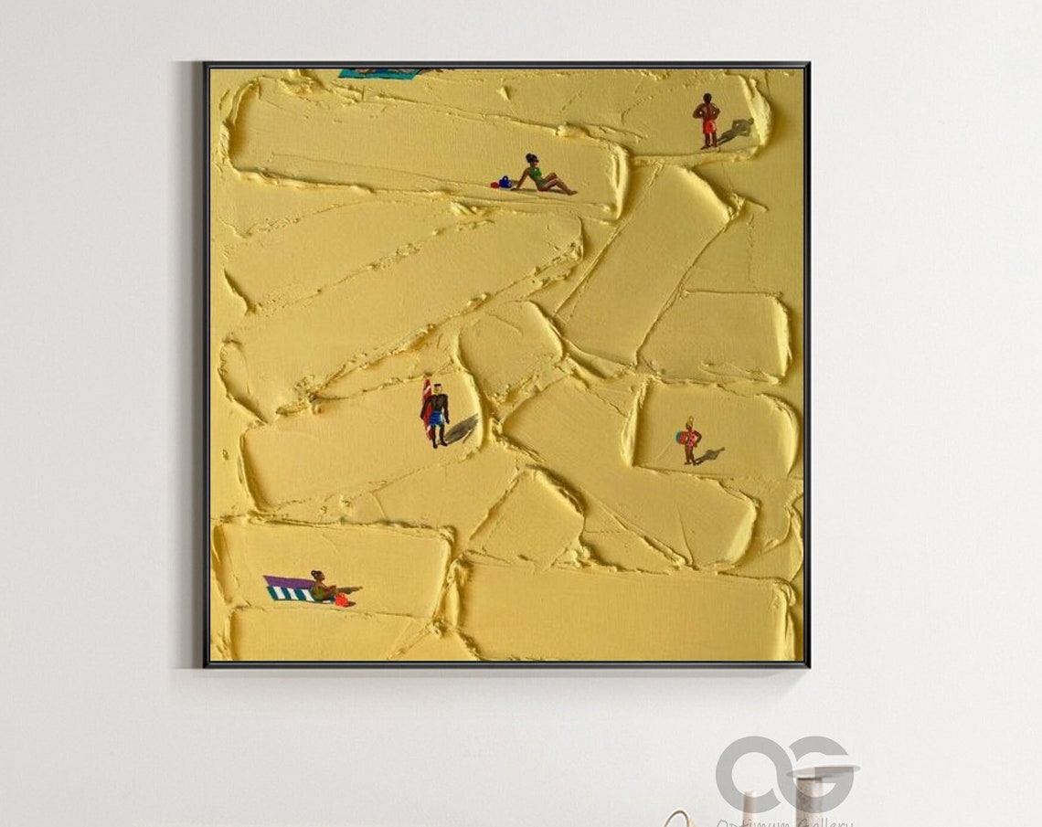 Yellow Textured Sand Beach Tiny Beachgoers Square Palette Knife Poster