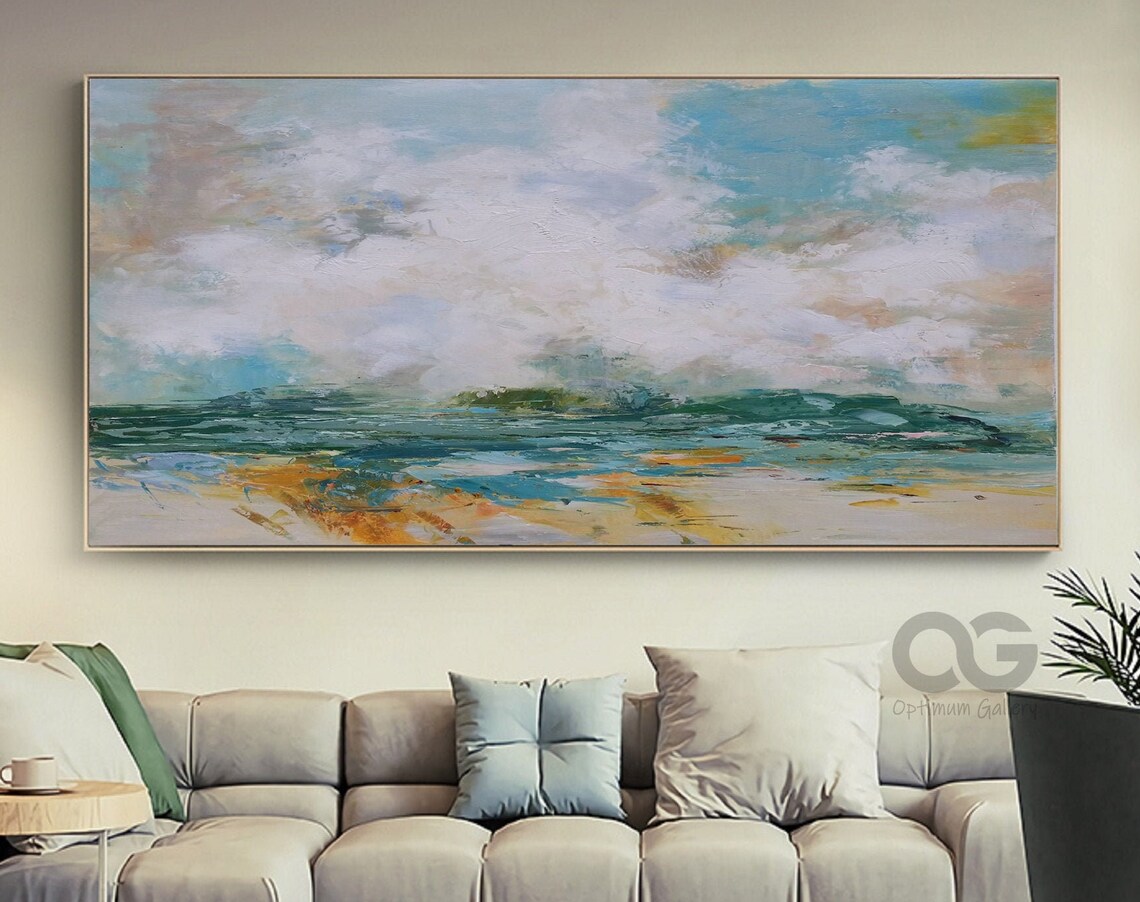 Teal Sea Abstract Painting White Clouds Golden Shore Textured Beach Wall Art