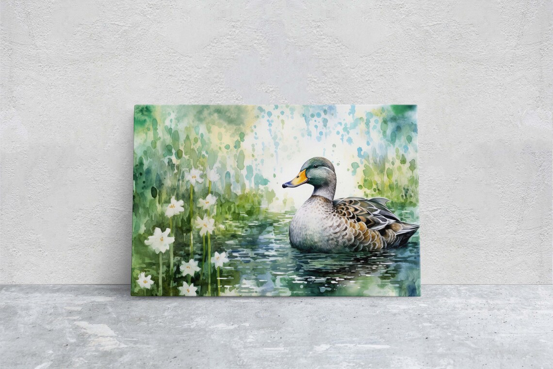 Mallard Duck on Pond, Traditional Bird Print