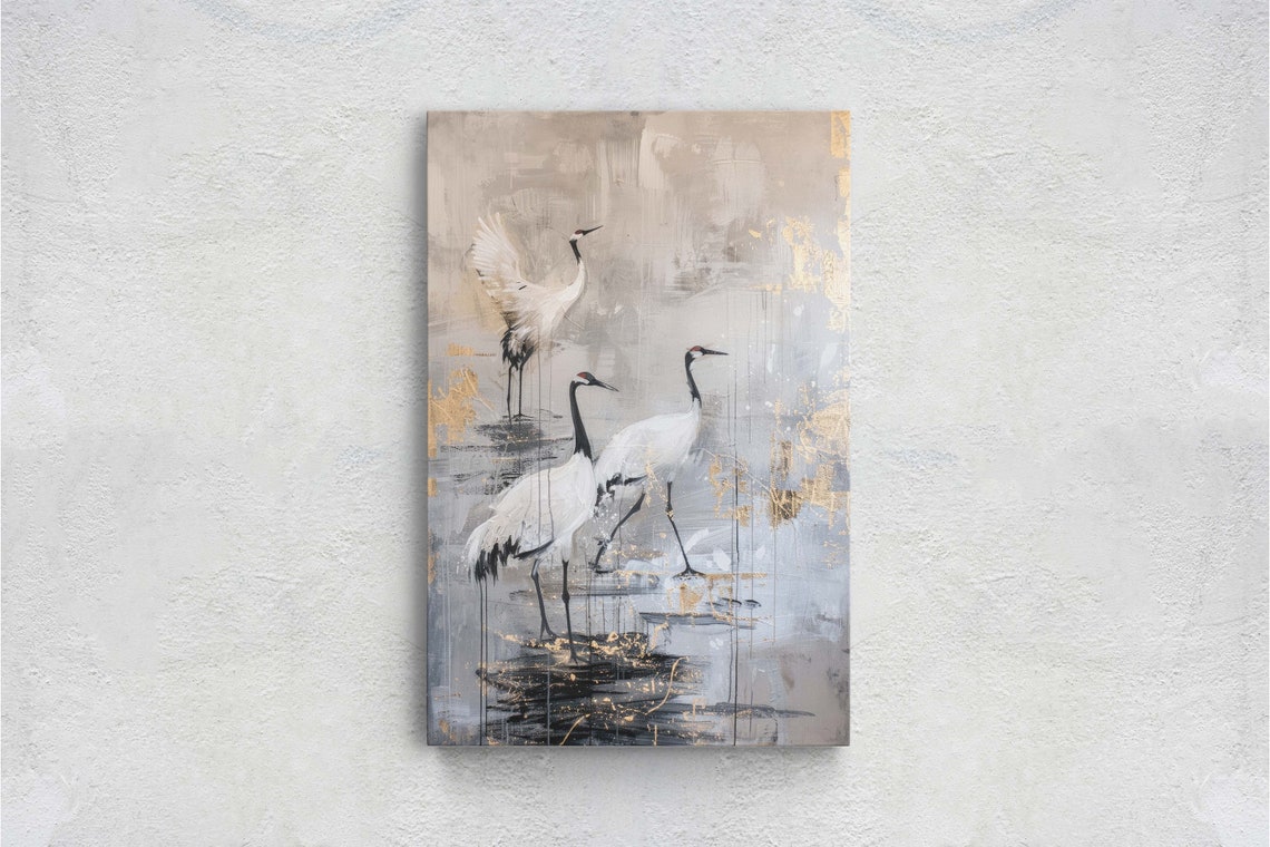 Three Japanese Cranes in Gold Beige Minimalist Japandi Style Wall Art - Image 2