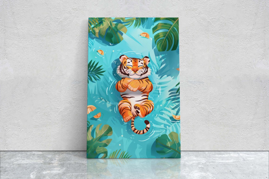 Sleeping Baby Tiger Floating on Back in Blue Lagoon Nursery Art Print