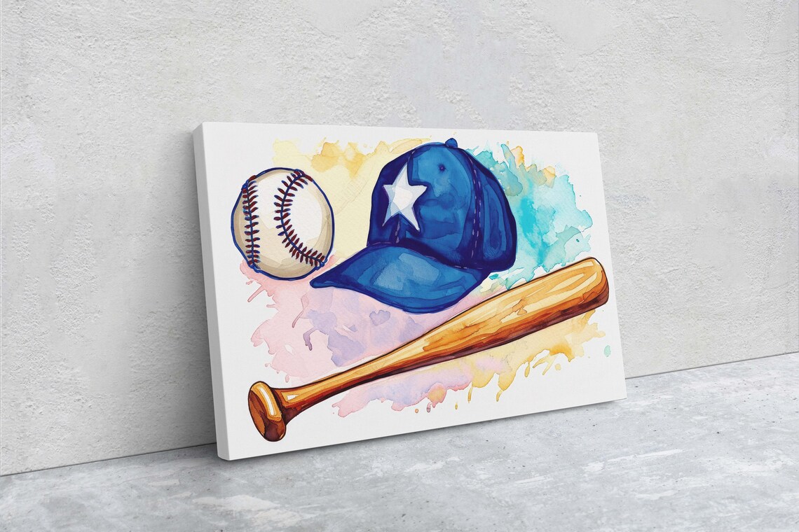 Watercolor Baseball Gear Blue Cap White Star Bat Ball Sports Poster - Image 2
