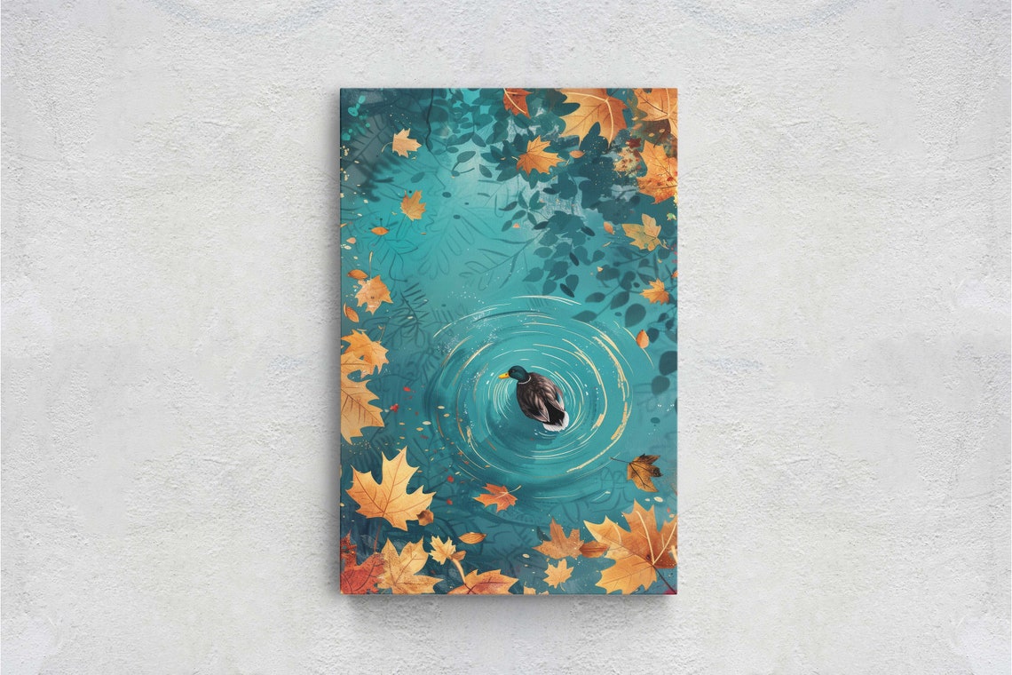 Mallard Duck Swimming in Autumn Pond Golden Leaves Fall Art Poster - Image 2